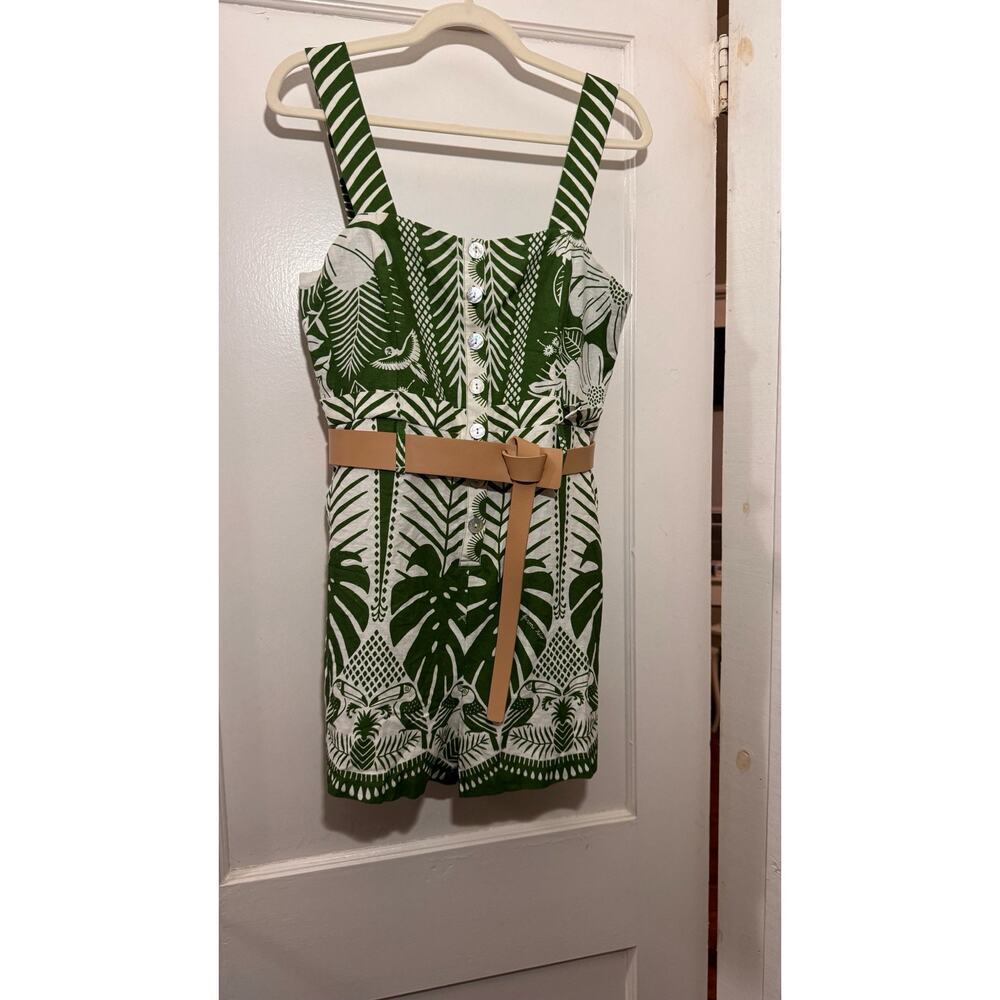 Farm Rio Macaw Elegance Tropical Romper Green Cream Sleeveless M (has call outs) - Picture 4 of 9